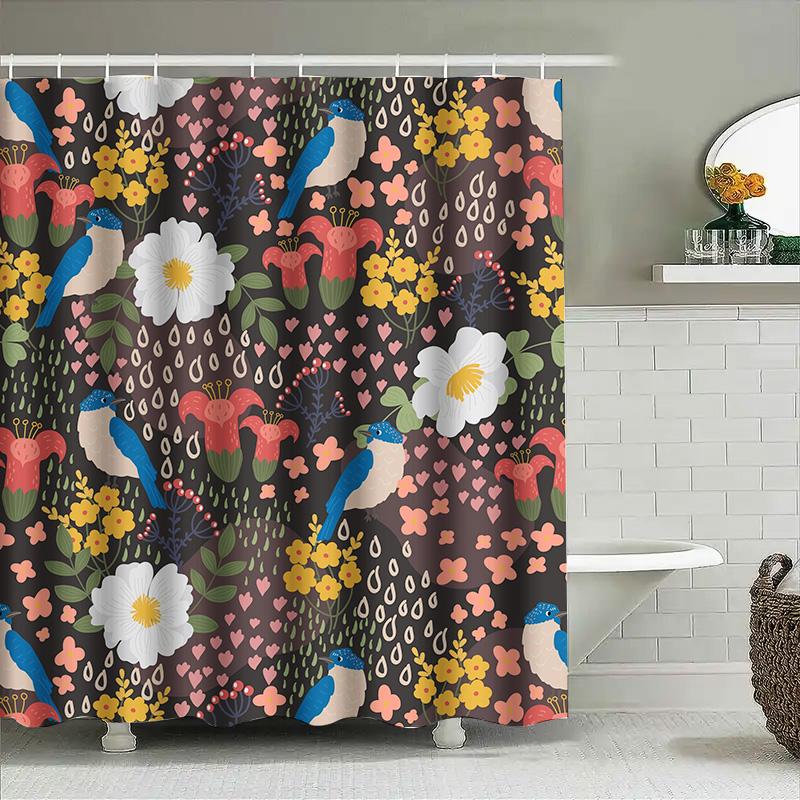 

Colorful Floral Shower Curtain Rustic Home Decor with Birds Design Waterproof Fabric for Bathroom Available in Various Sizes 90x180cm
