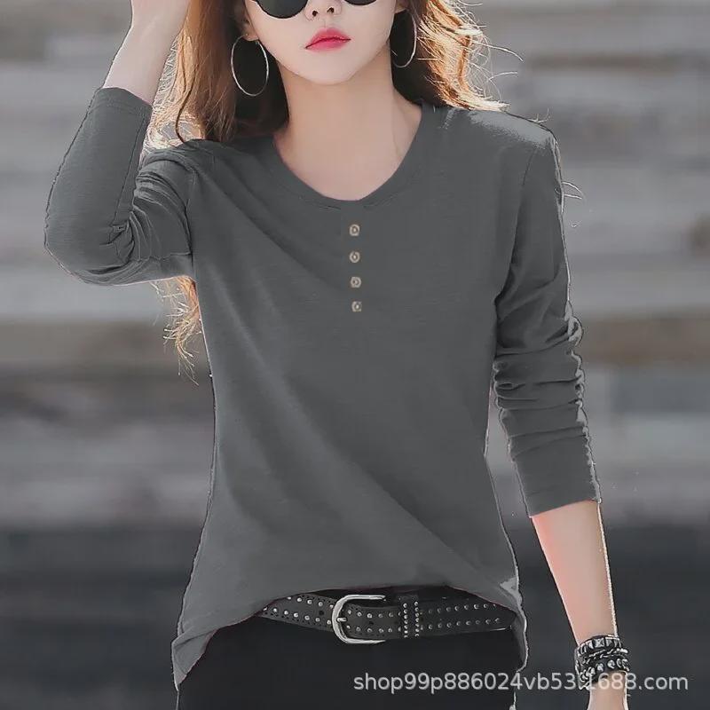 Dámský 2024 jarní/podzimní top s dlouhým rukávem, jednobarevný, slim-fit, na knoflíky