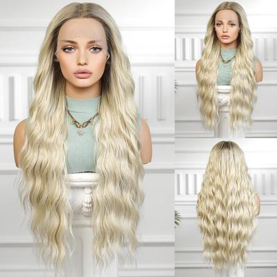 Lace Front Wigs Light Blonde Synthetic Long Curly Wigs with Dark Root for Women Daily Cosplay High Density Hair Wig