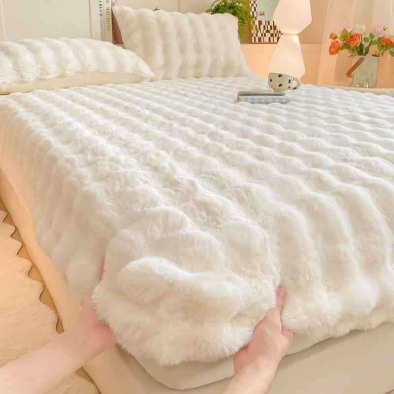 Winter Bed Sheets for Winter Rabbit Fleece Solid Color Fitted Bed Sheet Fluffy Plush Bed Cover Warm Mattress Protector Bed