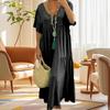 Solid Color V Neck Casual Long Dress Women Simple Style Cotton Baggy 1Pc