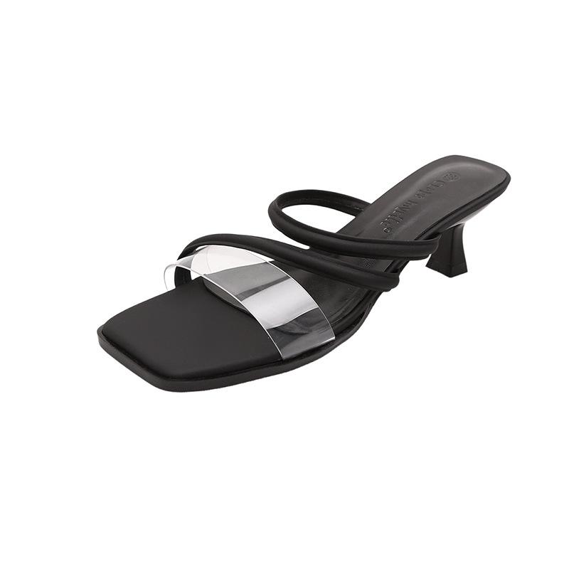 Sheepskin version~ Temperament square head open-toed thin strap French fine heel sandals women wear high-heeled one-word cool slippers in summer