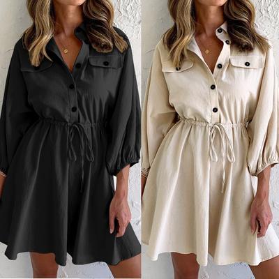 Spring and Summer New Lapel Single-breasted Shirt Pocket Tethered Casual Dress Women