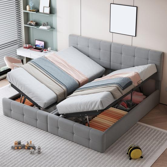 Polsterbett 180x200cm, Hydraulisches Stauraumbett, Hohes Boxspringbett, Multifunktionales Doppelbett, Hautfreundlicher Samtstoff, Grau