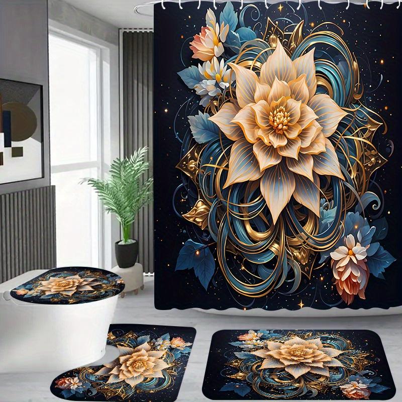 

4pcs Elegant Floral Pattern Shower Curtain Set with 12 Hooks, Golden & Blue Design, Includes U-Shaped Toilet Mat & Round Bat 90x180cm