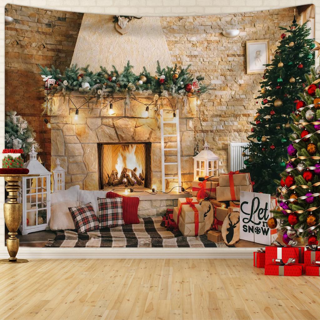 1pc Christmas Tapestry, Christmas Tree Fireplace Snow Background Cloth, Christmas Party Photography Background Wall Cloth
