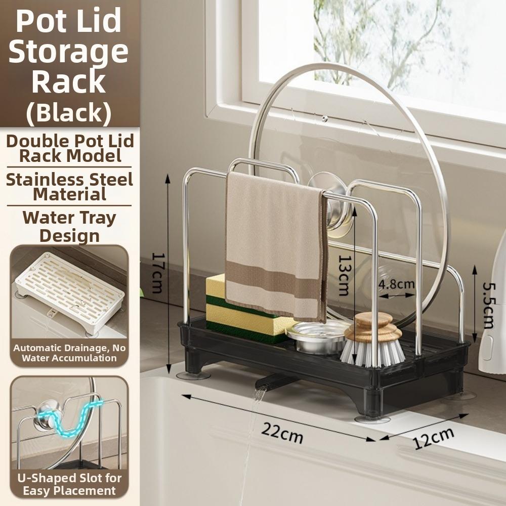 Kitchen Sink Storage Rack with Drain Self Drainage Sponge Holder Stainless Steel Multifunctional Pan Pot Lid Holder