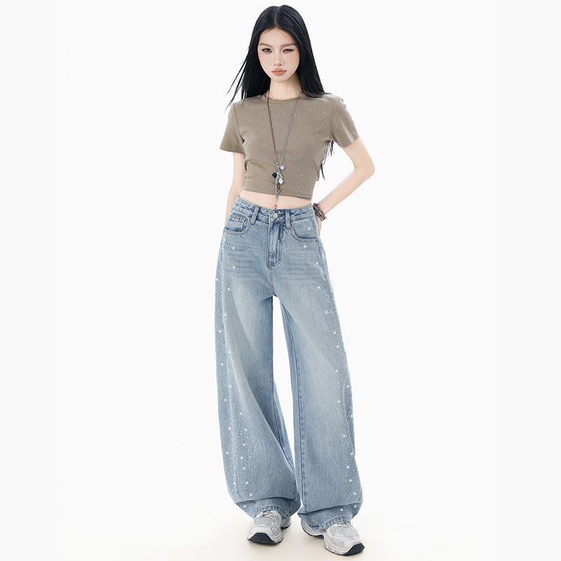 Batch autumn explosion, side hot diamond wide-leg jeans, women's loose meat covering and thin, advanced design sense drag