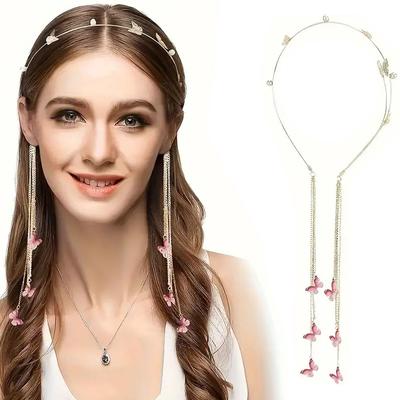 1pc Fashion Butterfly Hair Accessories Romantic Crystal Pearl Tiara Hairbands for Women Long Tassel Chain Headwear Headwear