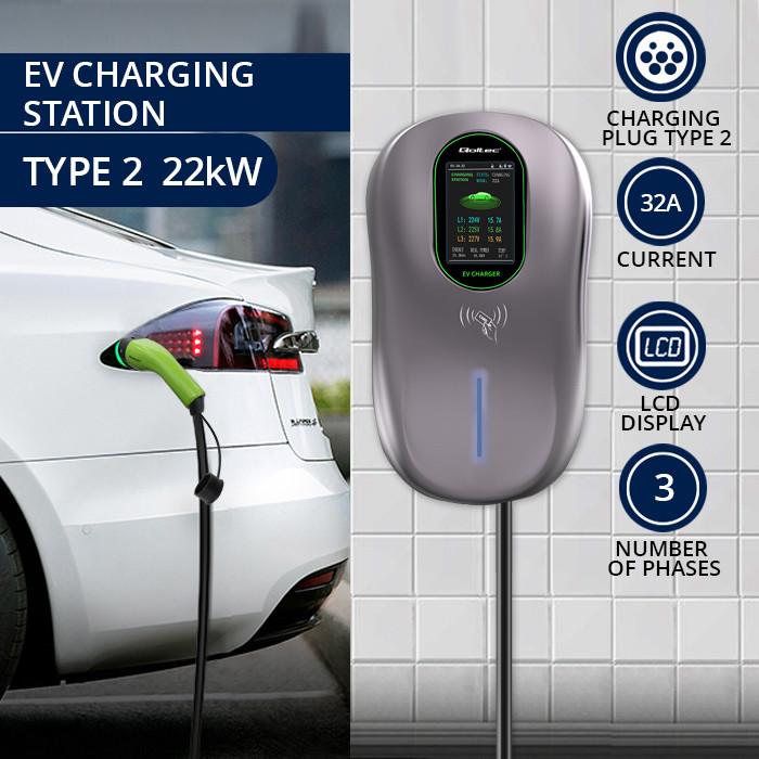 Qoltec Stacja ładowania EV 2w1 Typ2 | 22kW | Wi-fi| Smart life APP | LCD | RFID | 3 fazy | Wallbox | 5m