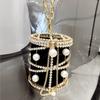 Luxury Design Banquet Bag Women Pearl Rhinestone Shiny Chain Cylindrical Shape Handbag Ladies Fashion Elegant Metal Bucket Bags