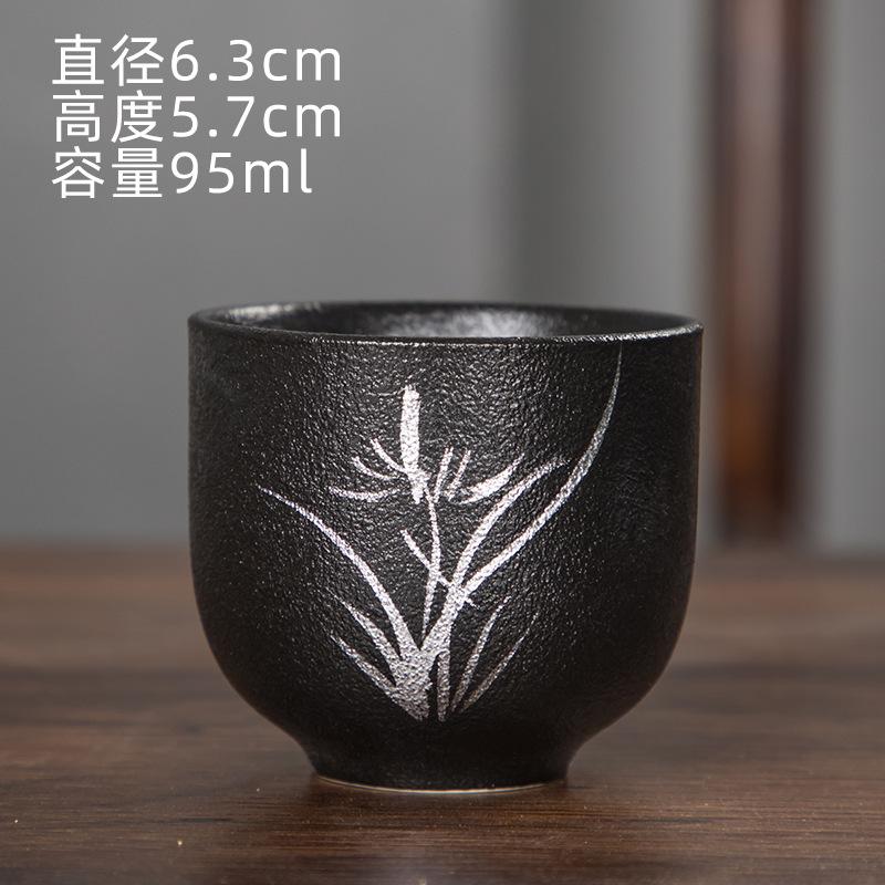 Japanese Style Black Ceramic Hand-Painted Tea Cup Kung Fu Tea Set Lotus Bamboo Rhythm Master Cup Kung Fu Tea Set Tea Bowl Househ