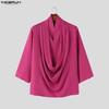INCERUN Oversized Summer Men Swing Neck 3/4 Sleeve Casual Ruffled T-shirts Tee Tops