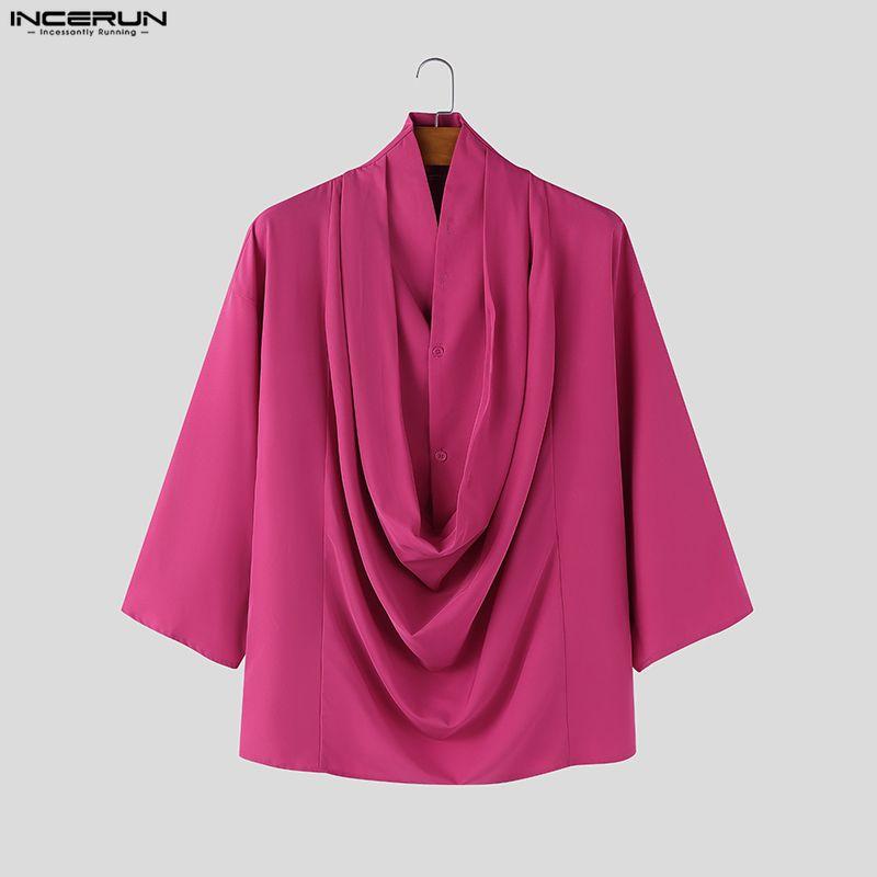 INCERUN Oversized Summer Men Swing Neck 3/4 Sleeve Casual Ruffled T-shirts Tee Tops