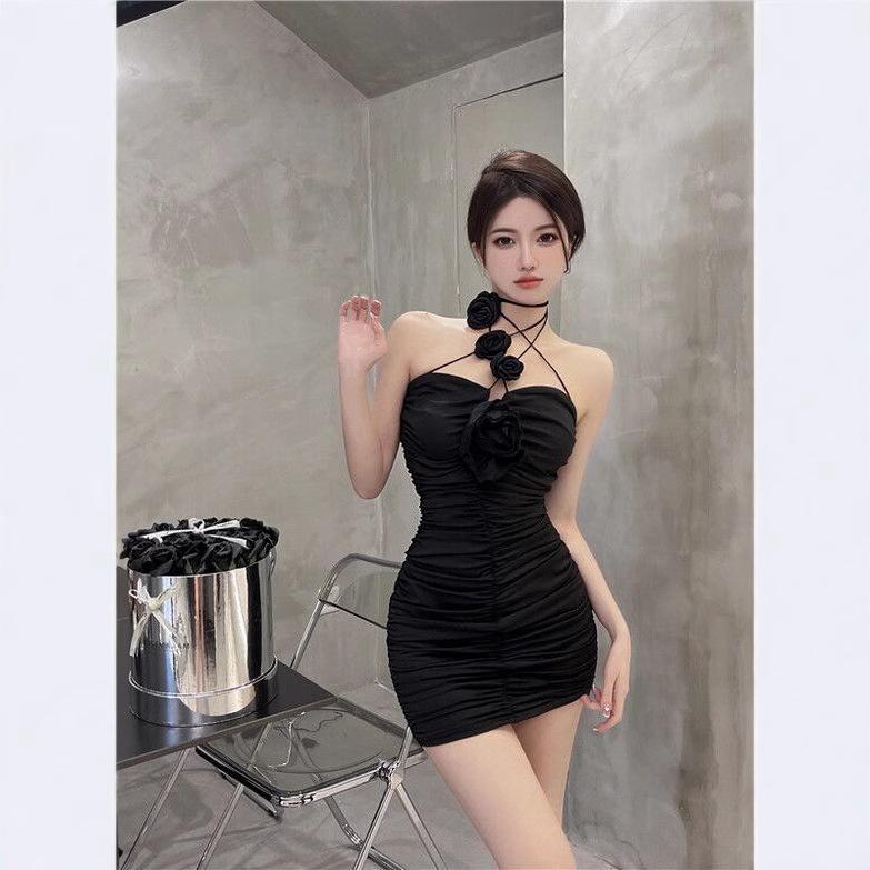 Rose neck sling niche dress summer wrinkle slim hip wrap hottie skirt women