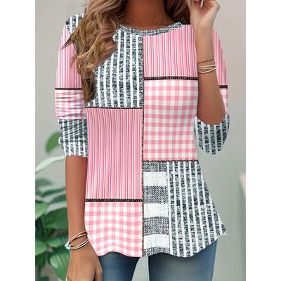 A Women's Color Blocked Splicing T-shirt - Casual Round Neck Long Sleeved Top