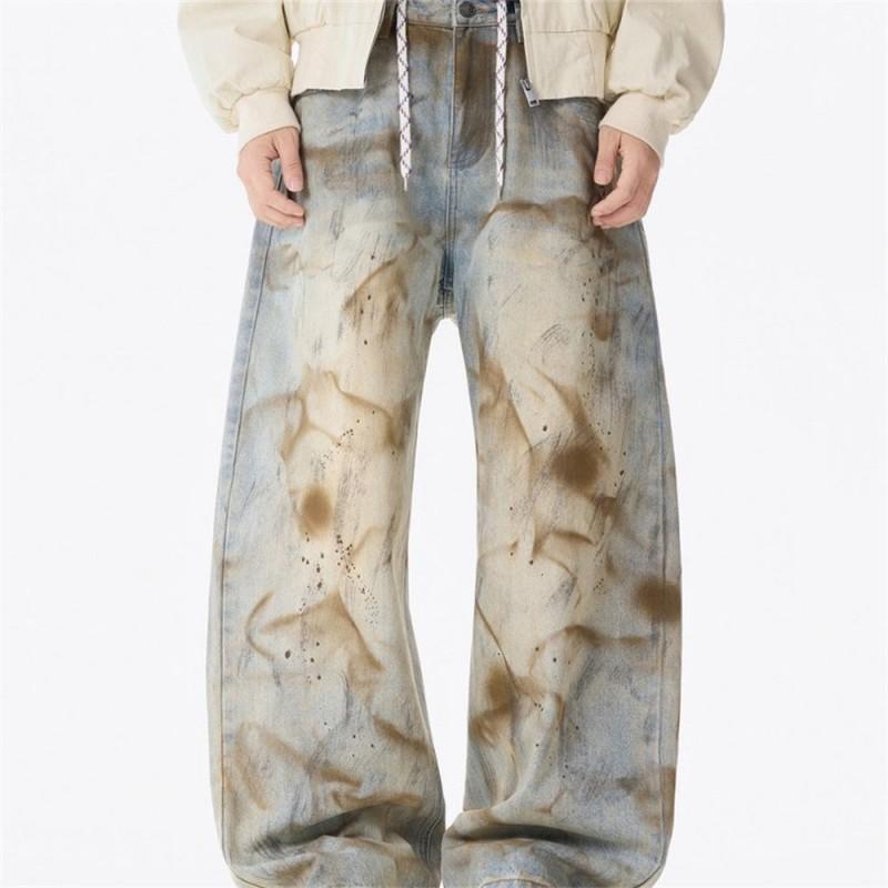 Mens Loose Wide-Leg Jeans Streetwear Punk Tie-Dye Wash Casual Long Pants