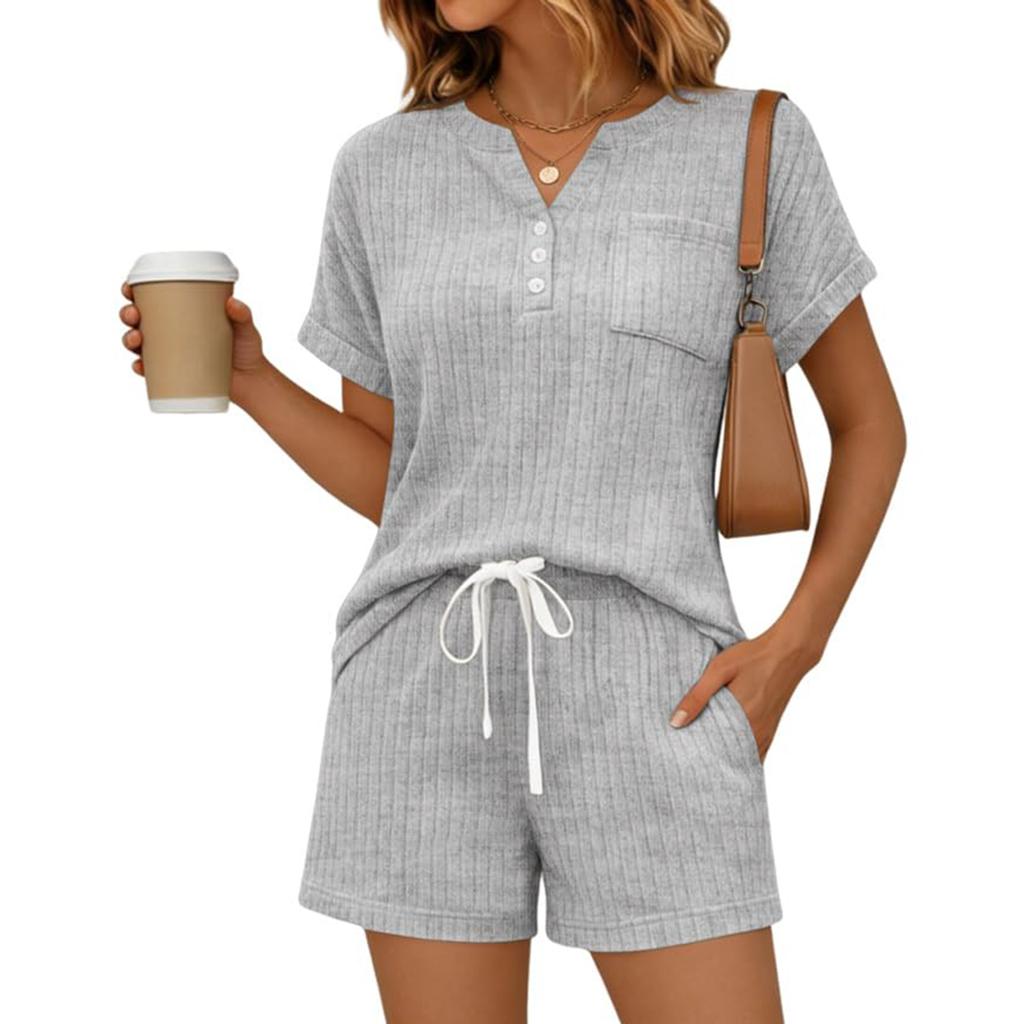 Women's Summer Fashion Casual -Color V-Neck Button-Down Short-Sleeve Top And Drawstring Pocket Shorts Two-Piece Set