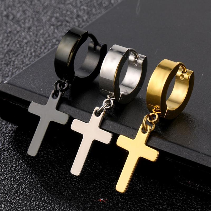 2PC Men Punk Cross Stars Dangle Earrings Women Gothic Stainless Steel Cross Ear Stud Earrings Piercing Huggies Pendant Zircon