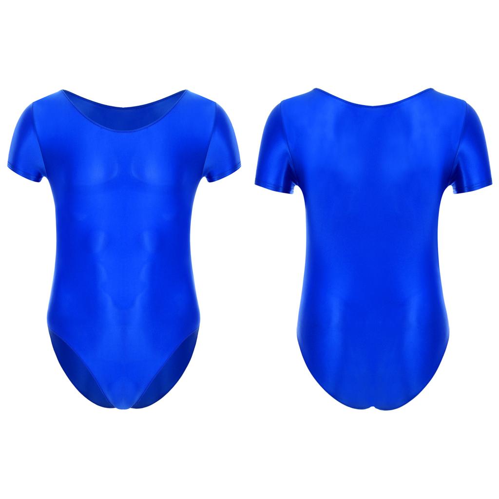 Mens Solid Color Short Sleeve Leotard Glossy Round Neck High Cut Bodysuit Swimwear Sportswear