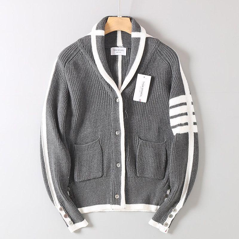 College-Style Cardigan for Men and Women, Four-Stripe Knit Sweater, Thickened for Warmth, Convertible High Collar, Long-Sleeve Sweater Jacket