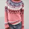 Women Sweater Round Neck Long Sleeve Patchwork Color Knitting Tops Loose Hem Printed Knitwear Winter Wear