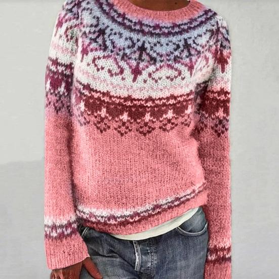 Women Sweater Round Neck Long Sleeve Patchwork Color Knitting Tops Loose Hem Printed Knitwear Winter Wear