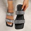 Fashion Summer New Flat Sandals Women's Fashion Square Head Open-toe Rhinestone Soft Bottom Slip-resistant Wear-resistant Slippers