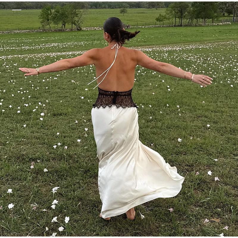 Abito da donna con pizzo patchwork da appendere al collo, da spiaggia, da viaggio, estivo, nuovo stile, con punto vita, temperamento, lungo, senza maniche, slim fit