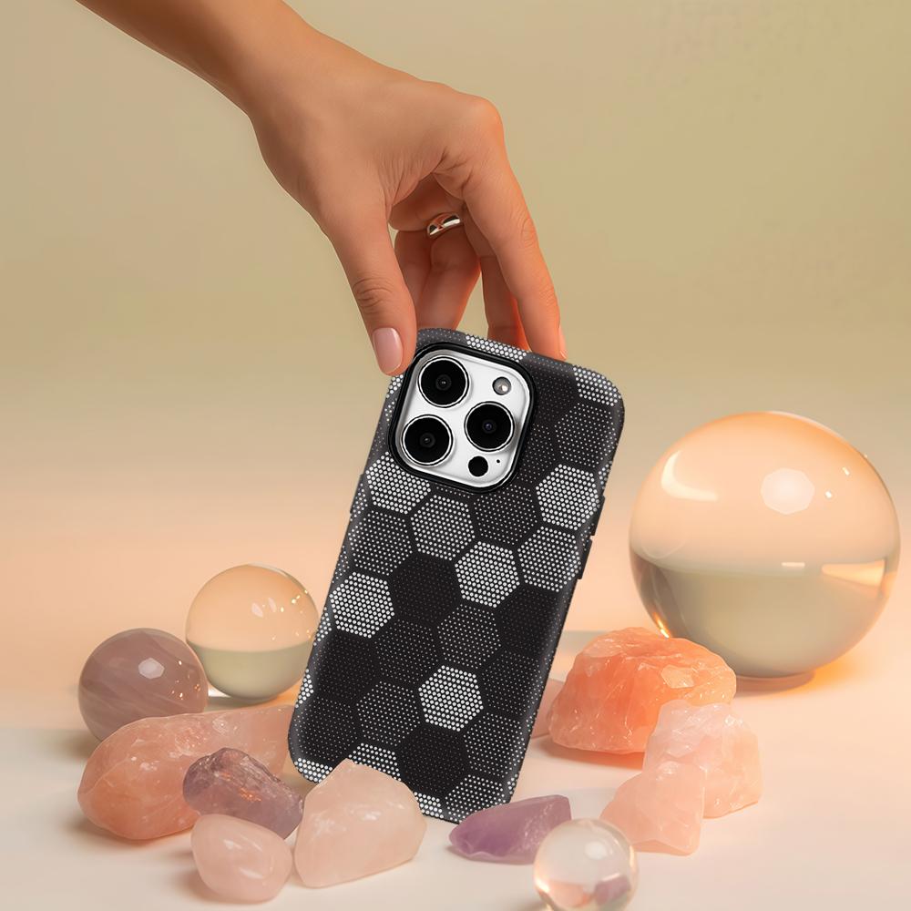 Coque de téléphone hexagonale noire à pois pour iPhone 17 16 15 14 13 Pro Max Plus pour coque rigide magnétique à une ou deux couches