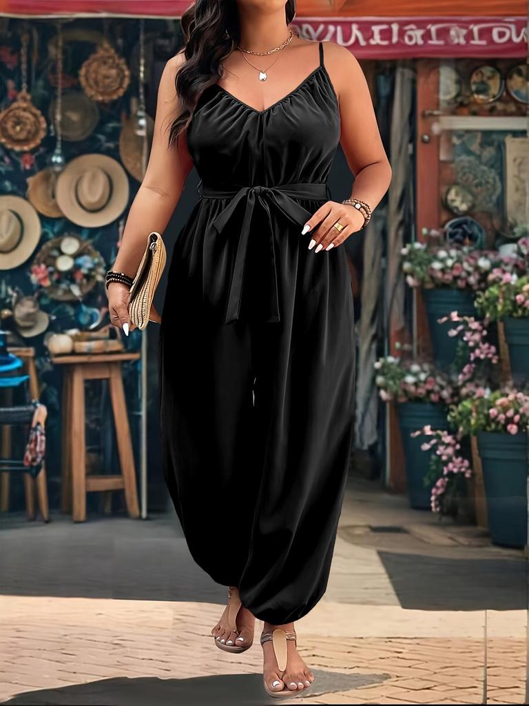 Elegant Plus Size Strappy Jumpsuit - Classic, Figure-Flattering Commuter Style for Summer