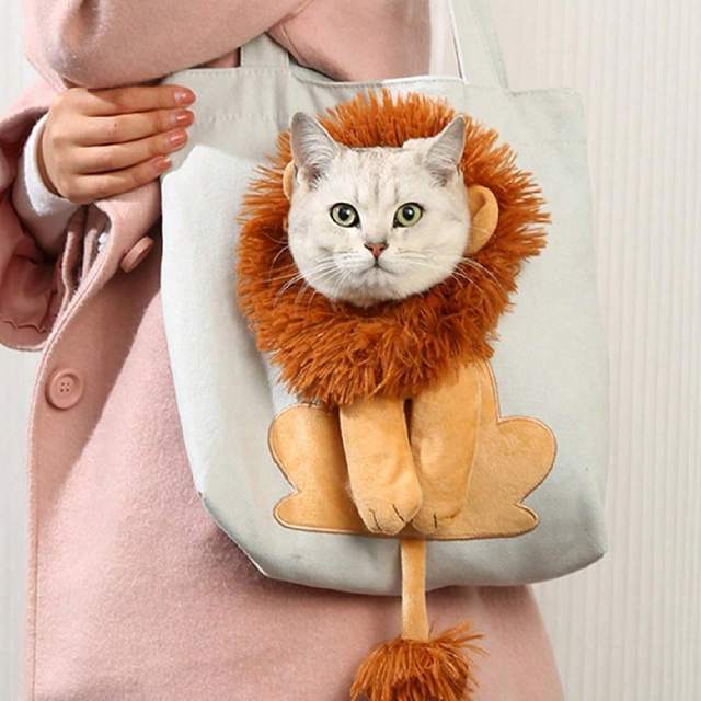 New Adorable, Practical, and Cute Lion Shaped Canvas Pet Shoulder Bag - Convenient Portable Cat Tote with Shoulder Strap - Handy