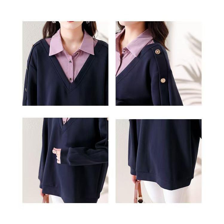 Fashionable and Versatile Polo Collar Two-piece Nail Bead Hoodie for Plus Size Women In Autumn