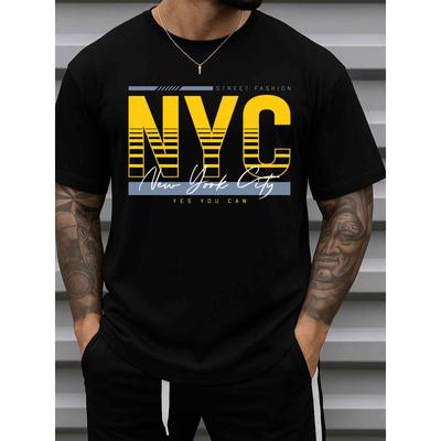 European Sizes Men's NYC Street Fashion T-Shirt - Black Casual Short Sleeve Round Neck Tee with Funny & NYC Print, Urban Style for Casual Attire