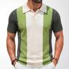 Men's Summer Green Striped Knit Polo Shirt Short Sleeve