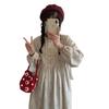 Autumn 2024 Floral Corduroy Dress: Sweet Lace Round Neck, Lace Patchwork, Loose Long Sleeve, Mid-Length for Women