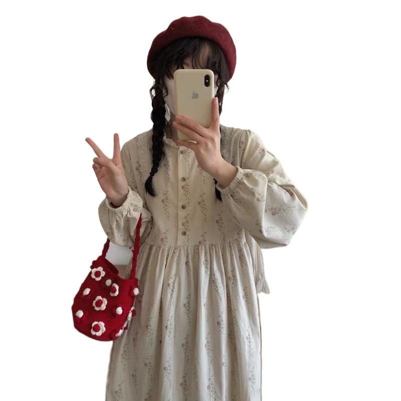 Autumn 2024 Floral Corduroy Dress: Sweet Lace Round Neck, Lace Patchwork, Loose Long Sleeve, Mid-Length for Women