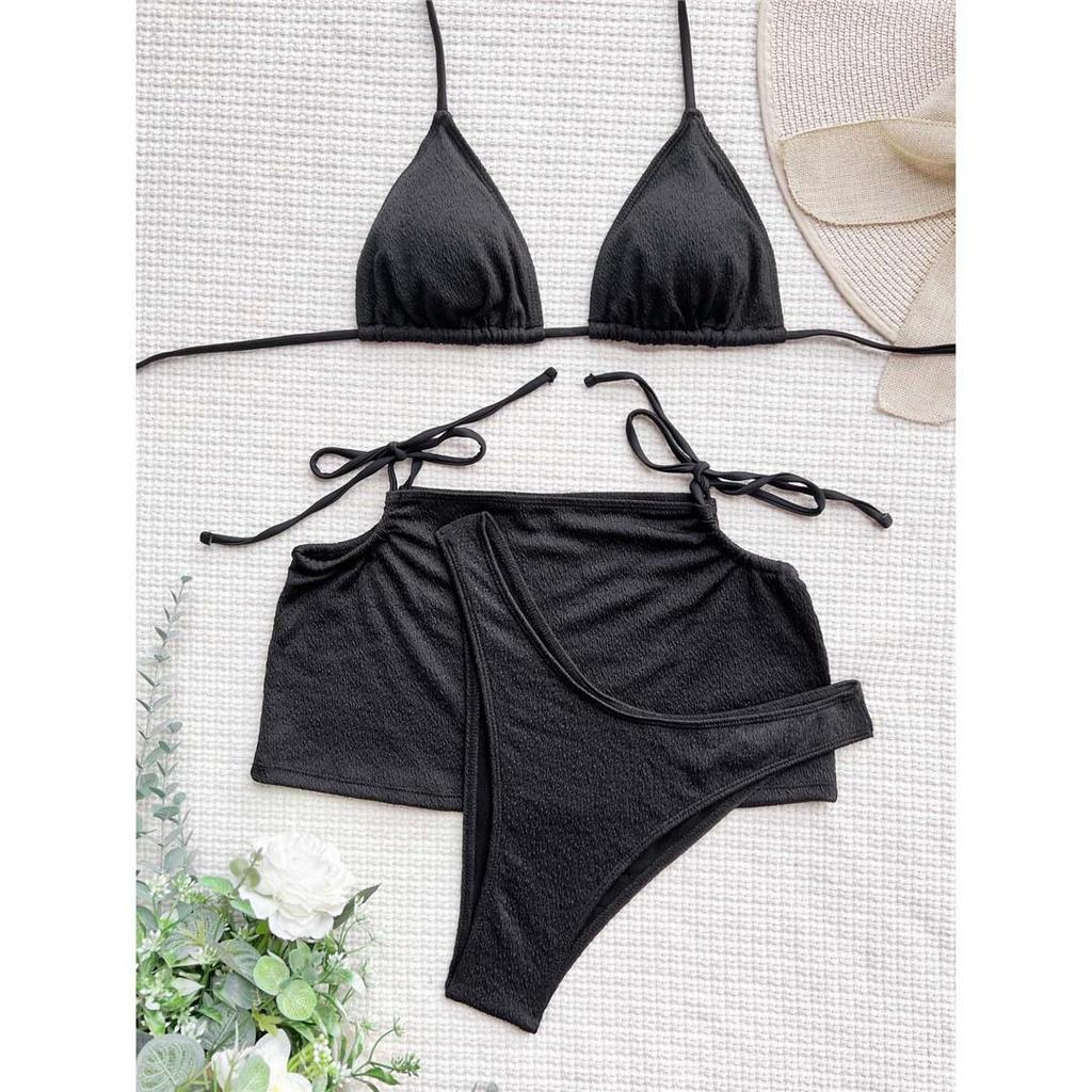 3 STK Med skjørt Rynket brasiliansk Bikini Dame Badedrakt Dame Badedrakt Tredelt Bikinisett Badedrakt Swim