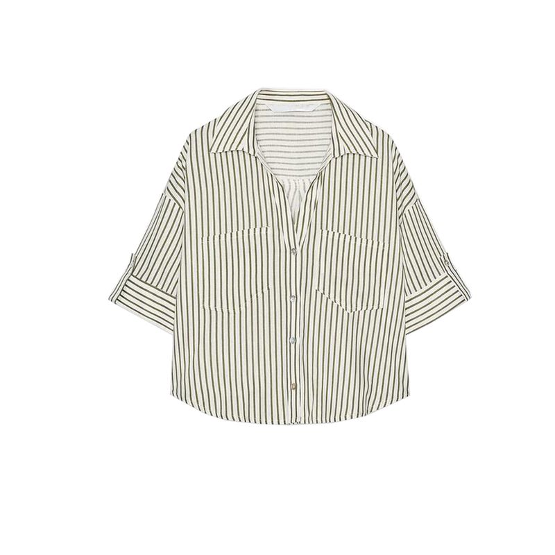 Spring New Women's Clothing Simple Stickers Pocket Decoration Linen Blended V-neck T-shirt Shory Style Shirt Tops 2187572