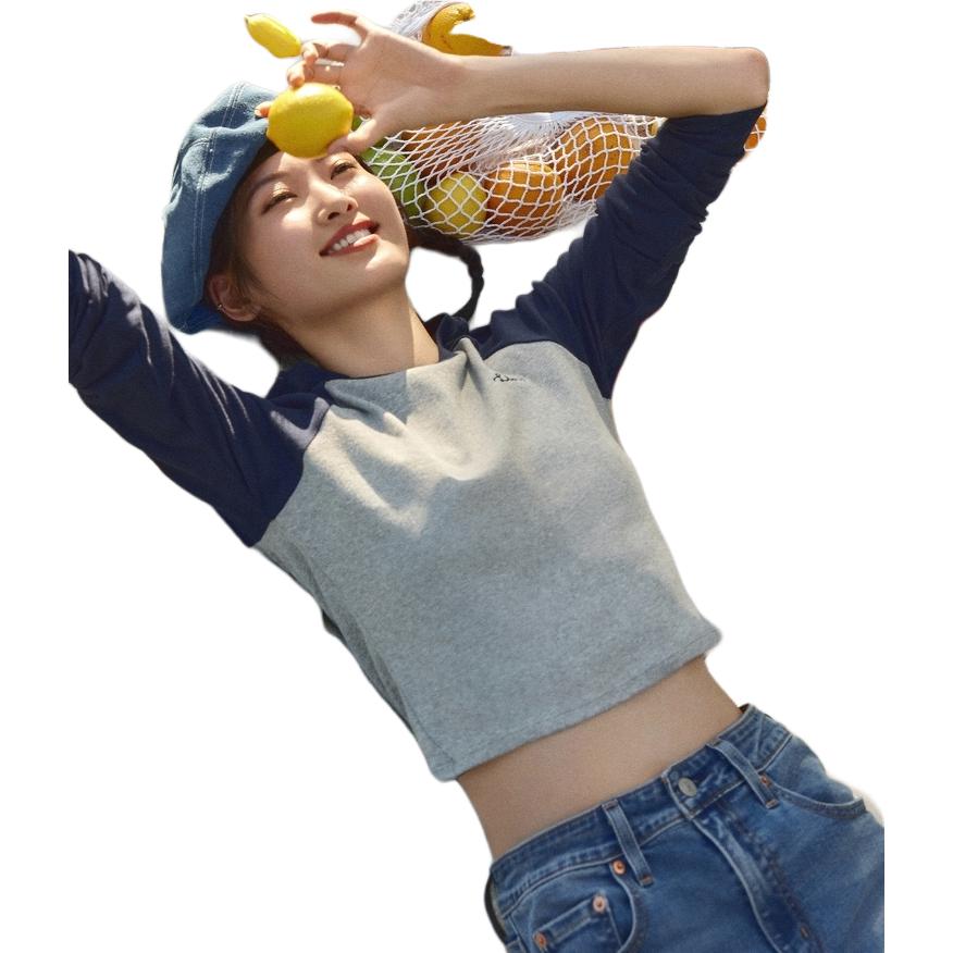 Levis Ribbed Crew Neck Cropped Long Sleeve Raglan T-Shirt Women Tops Gray Blue 002I6-0000