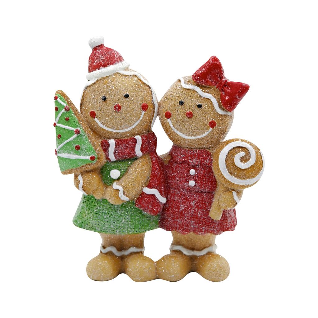Christmas Gingerbread Couple Resin Figurine – Hand-Painted Holiday Décor, Boy With Tree Cookie & Girl With Bow And Lollipop, Tabletop/Mantel