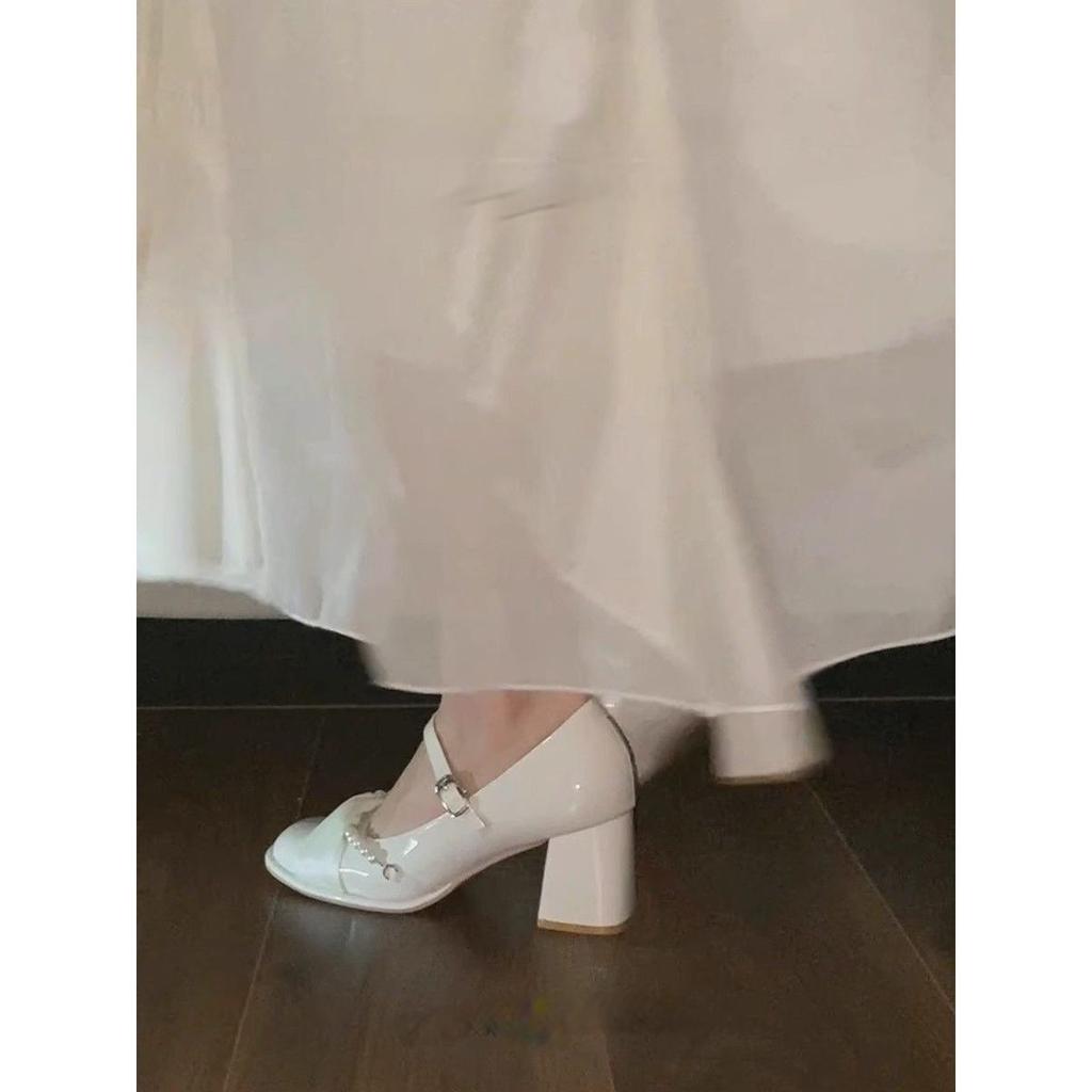 Waterproof Table 2025 Spring Mary Jane Shoes Bridesmaid Shoes Comfortable Shallow Mouth Pearl Single Shoes One Word with Thick Heel High Heels