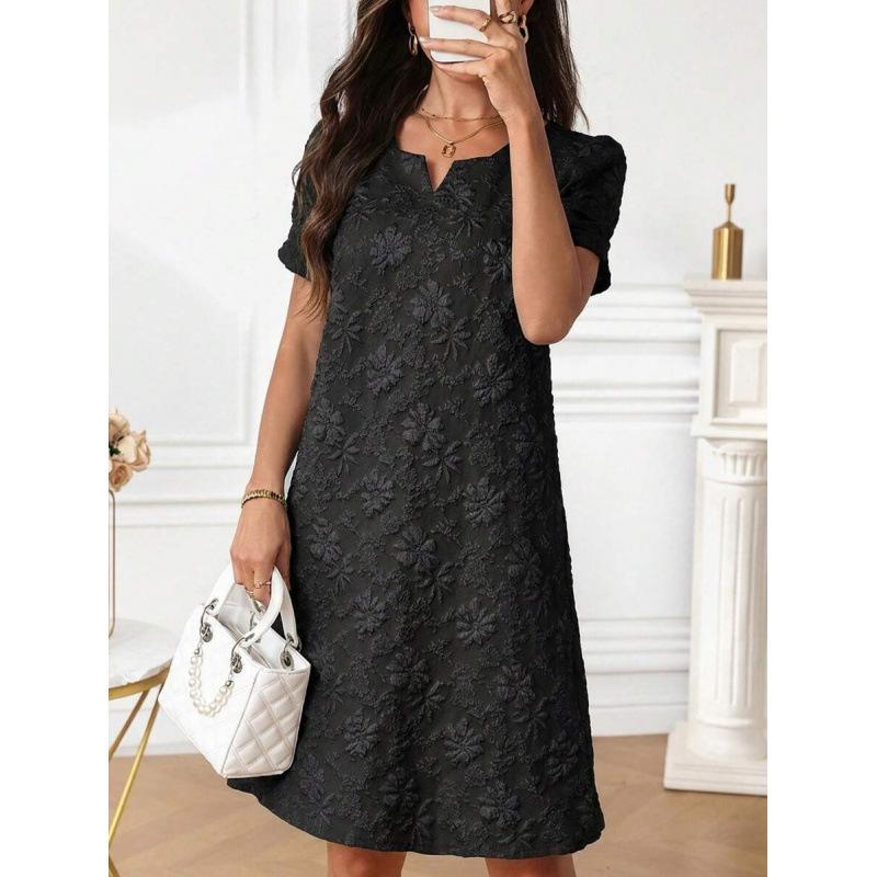 Europe, America 2026 summer new fashion waist thin casual temperament V-neck short-sleeved dress S чёрный