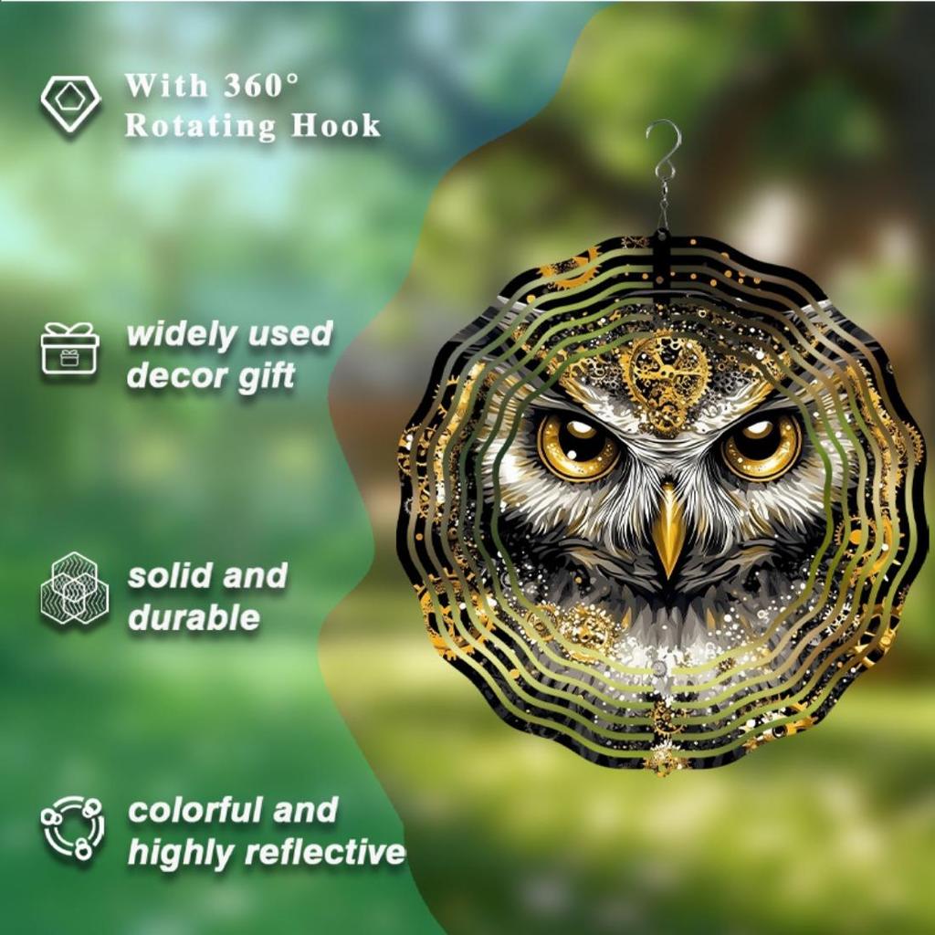 Elegant Owl Wind Spinner - Luxurious Golden & Black Metal Garden Sculpture, 3D Outdoor Decor with Intricate Feather Patterns, No Power Required