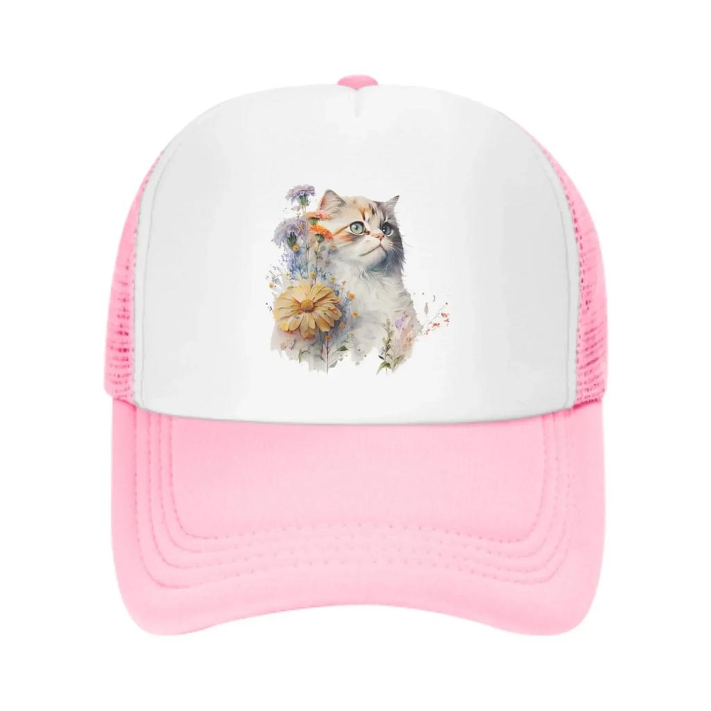 Floral Cat Mesh Trucker Hats for Unisex Women Adjustable Casual Fashion Baseball Caps for Outdoor Activities