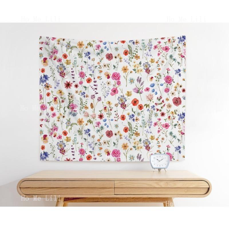 Colorful Boho Floral Wall Tapestry Wildflower Meadow Indoor Bohemian Chic Home Decor Spring Aesthetic Girly Office