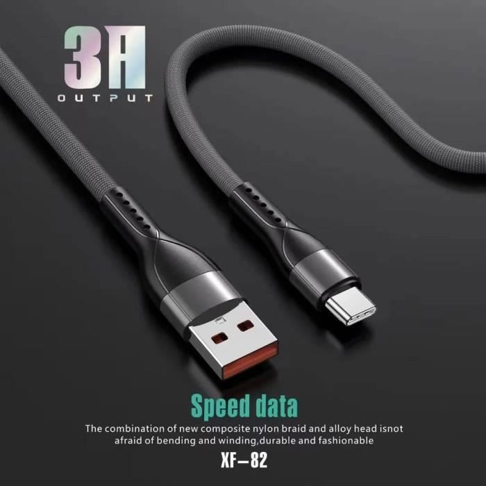 Câble USB-C Nylon Rapide 3A pour Samsung Galaxy A26 A25 A15 A05s A35 A55 A56 - Gris 1 Mètre