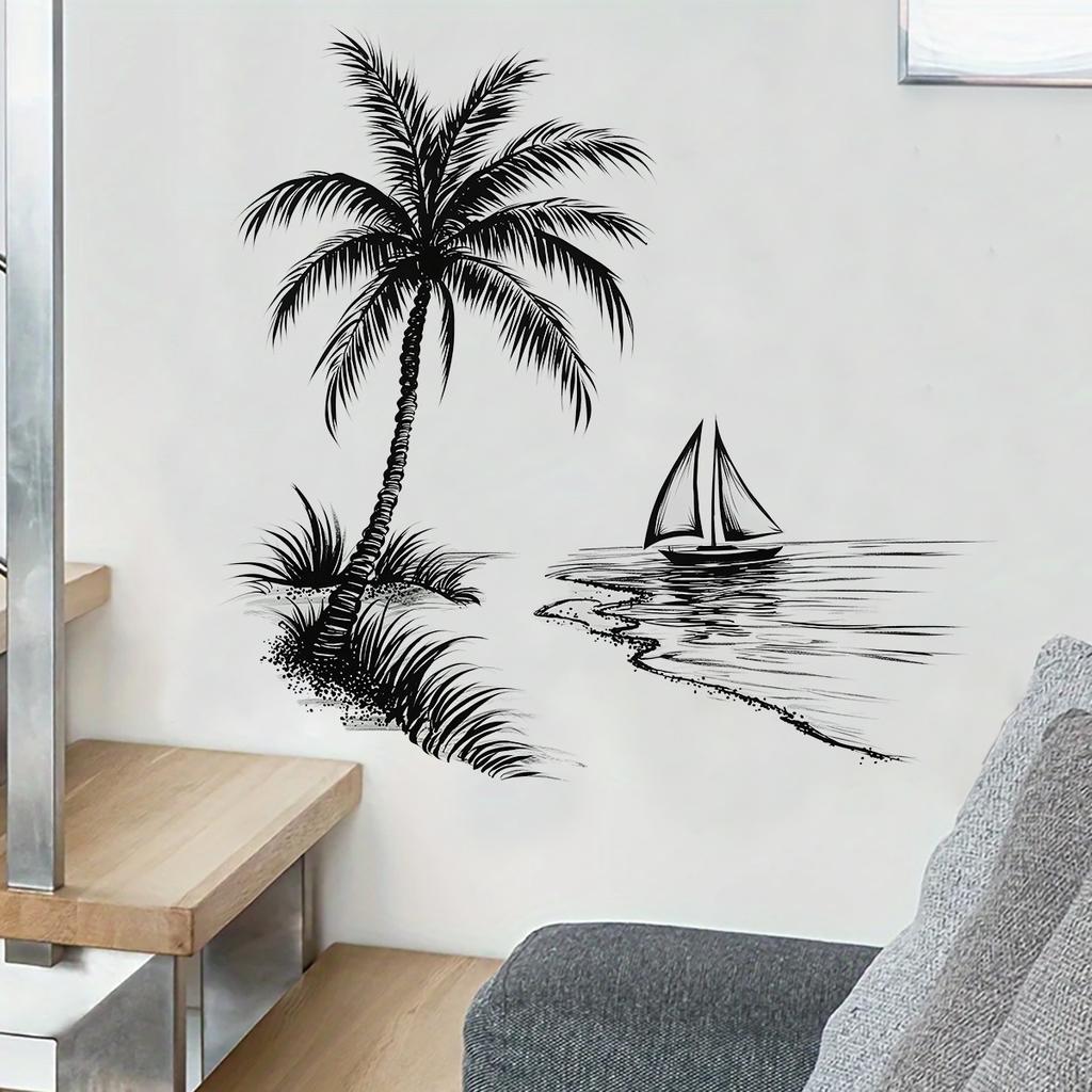 Minimalistische Schwarz-Weiß Kokospalme Segelboot Wandaufkleber, Innenwanddekorationsaufkleber