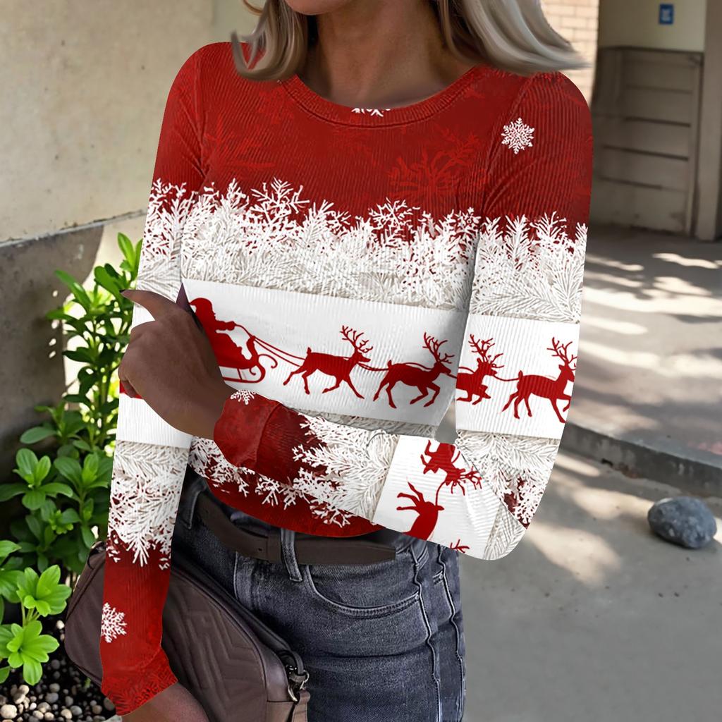 Women's Casual Long Sleeve Ribbed Neck Christmas Print Pullover Top