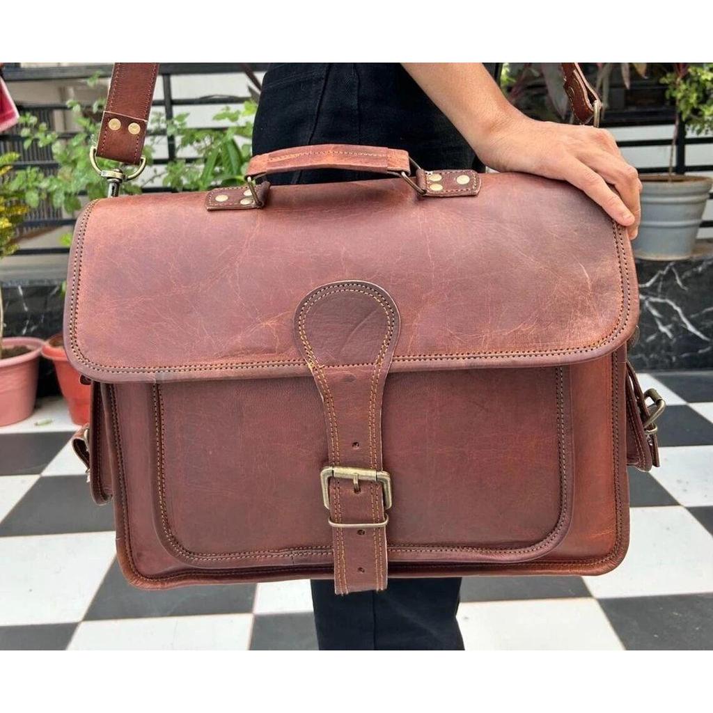 Men's Leather Handmade Laptop Shoulder Cow Crossbody Satchel Brown Bag